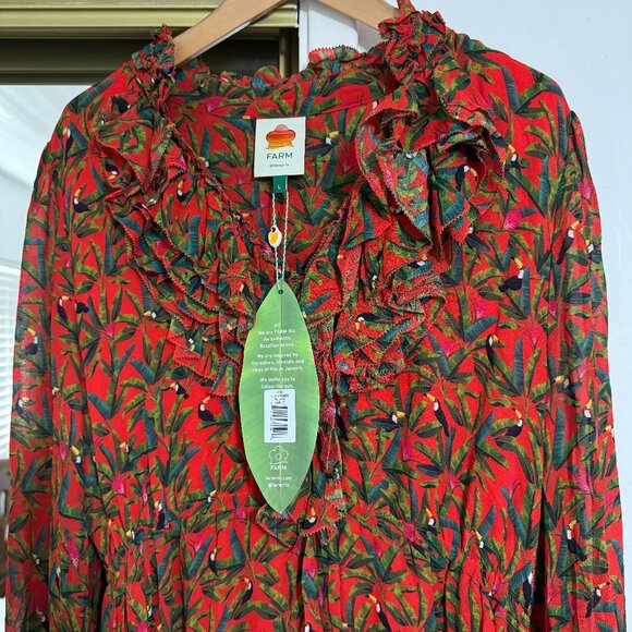 NWT FARM Rio Tucano Paradise Long Sleeve Dress Red Toucans Ruffle L - Picture 5 of 5